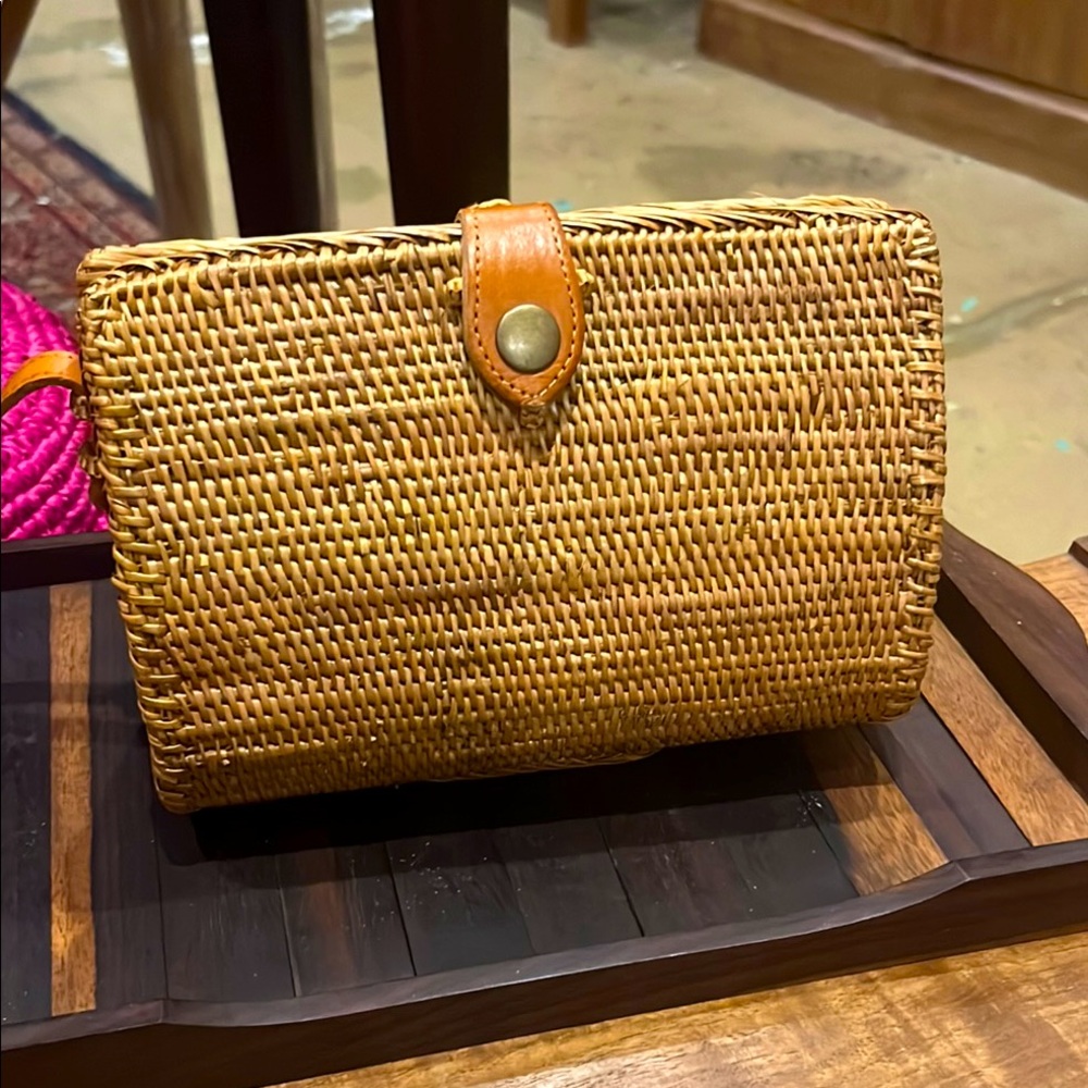 Handmade Tan/Brown Rattan Purse with leather strap